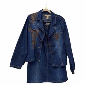 Denim d Gree Embroidered Jacket & Skirt Set with Brown Accents